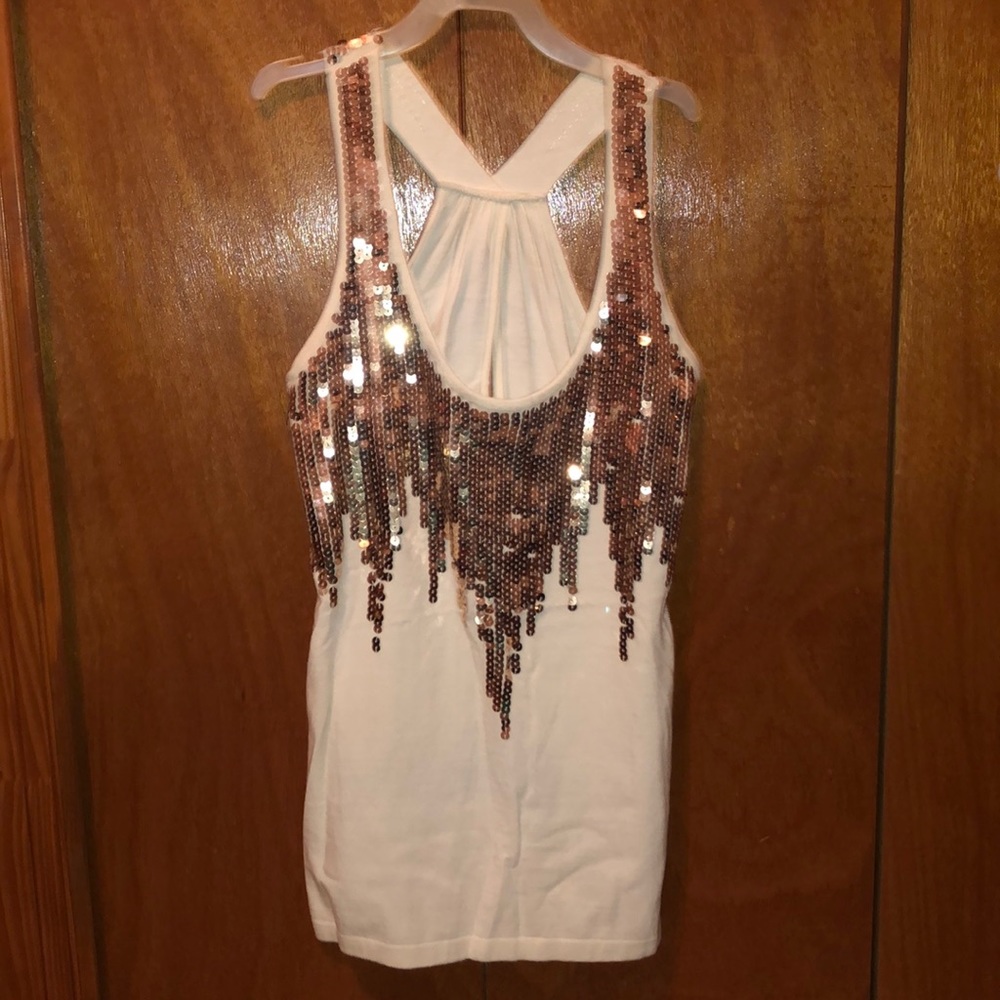 Bebe White and Gold Sequin Top